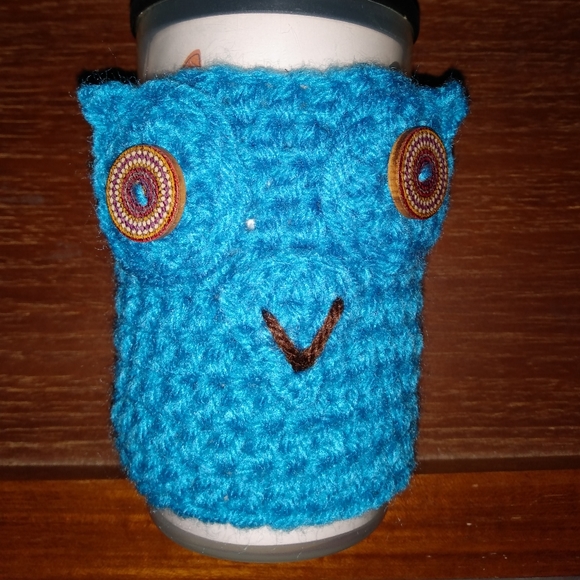 🦉 NEW Crochet Owl Cup Cozie Turquoise HANDCRAFTED - Picture 2 of 3